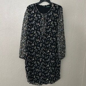 Women’s Ralph Lauren Black Floral Peephole Long Sheer Sleeve Dress, Size 14